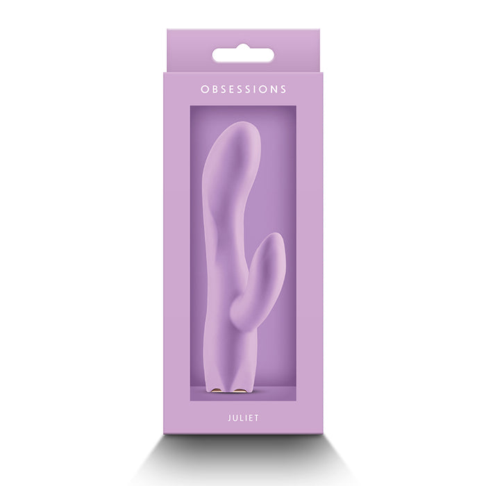 Purple vibrator in packaging with 'OBSSESSIONS' branding on a white background