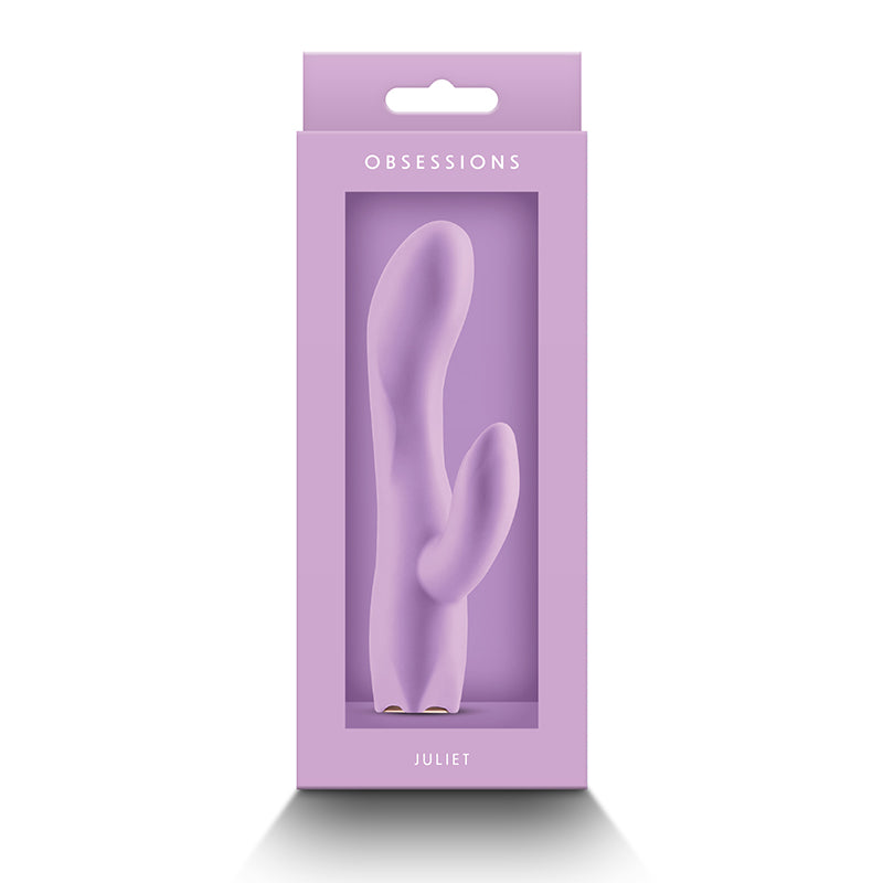 Purple vibrator in packaging with 'OBSSESSIONS' branding on a white background