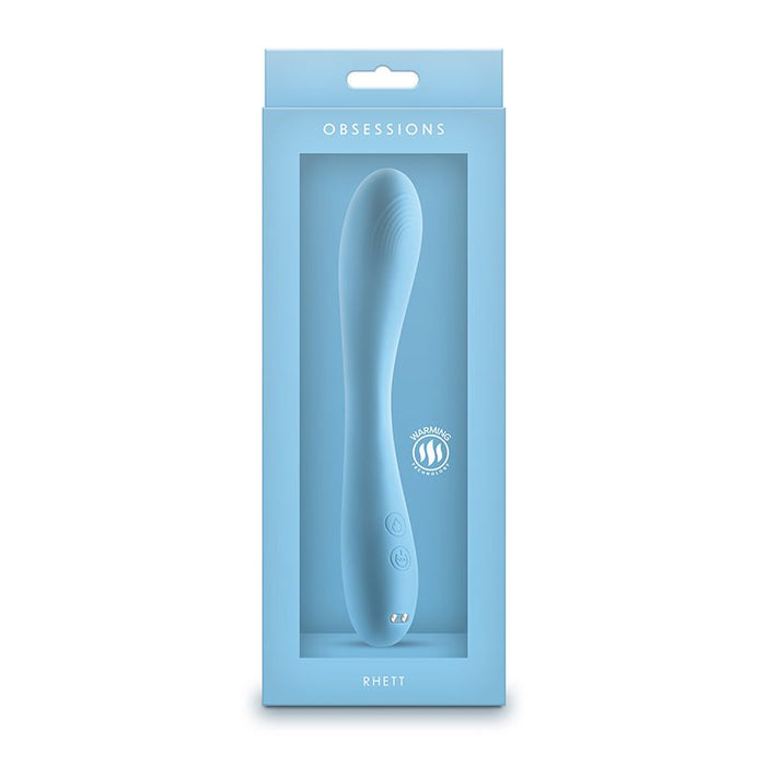 Blue packaging of a rhett vibrator with 'OBSSESSIONS' branding on a white background