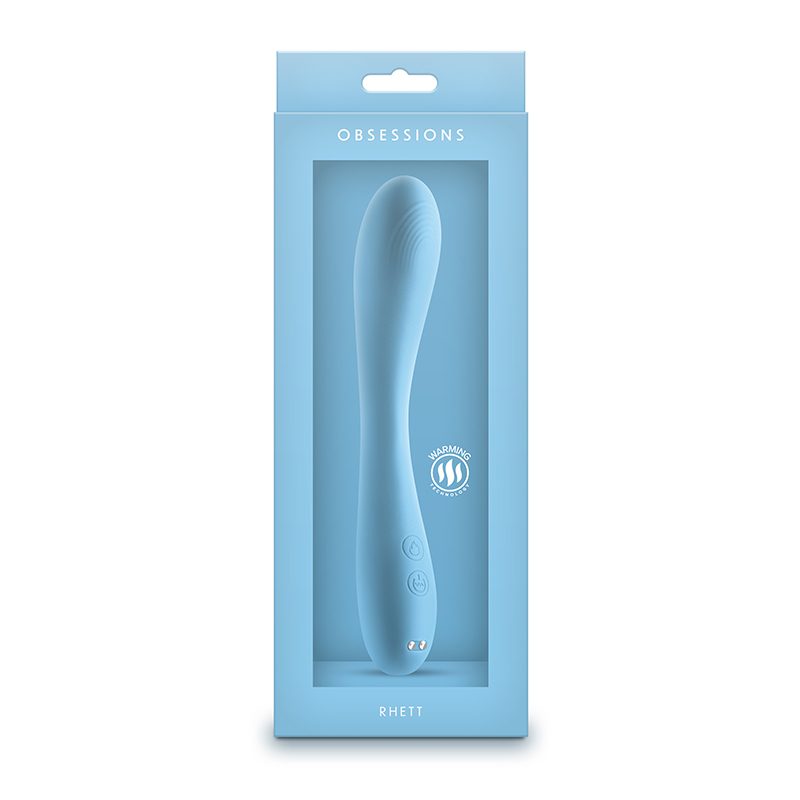 Blue packaging of a rhett vibrator with 'OBSSESSIONS' branding on a white background