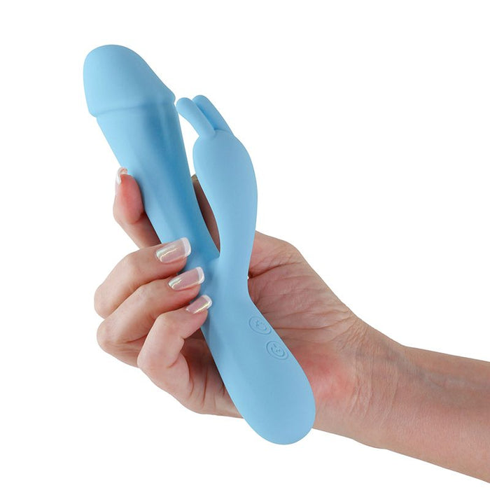 Hand holding a blue scarlett vibrator against a white background
