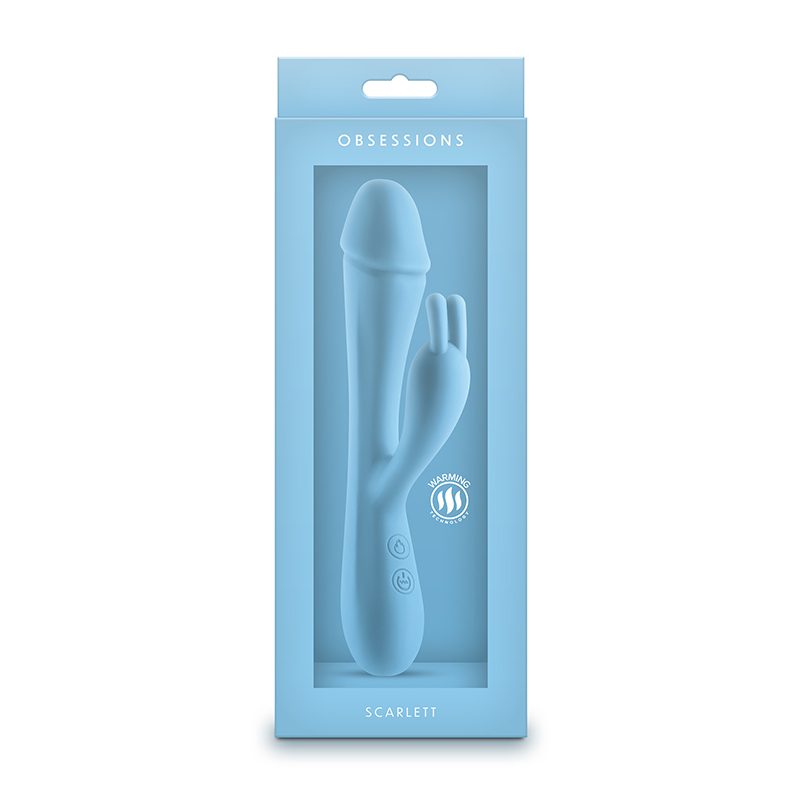 Blue packaging of a vibrator with 'OBSSESSIONS' branding on a white background