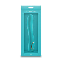 Turquoise vibrator in a teal packaging box with 'Obediences' branding on a white background