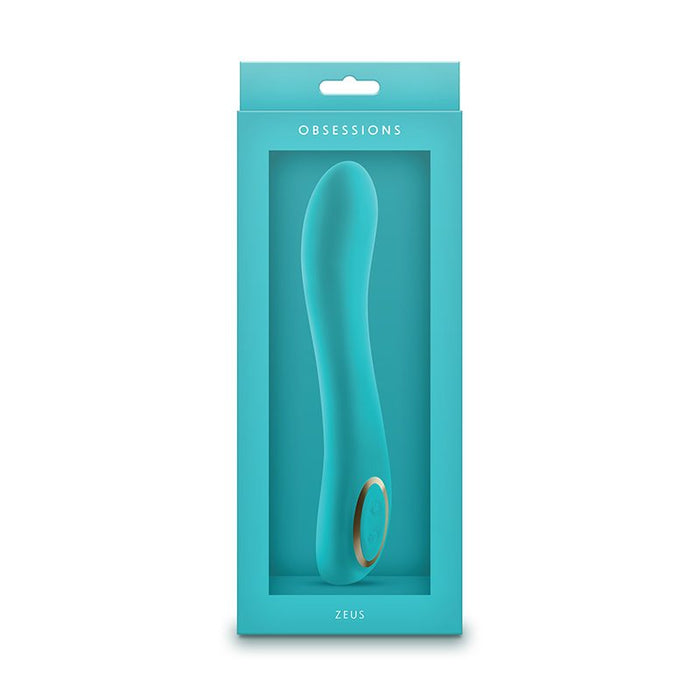 Turquoise vibrator in a teal packaging box with 'Obediences' branding on a white background