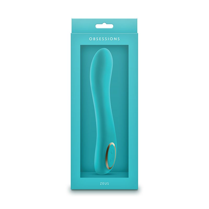 Turquoise vibrator in a teal packaging box with 'Obediences' branding on a white background
