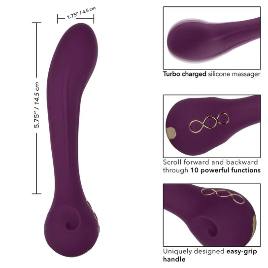 purple g spot vibrator with a bulbous handle and a thicker tip shown next to close up pictures of the tip, handle and function buttons