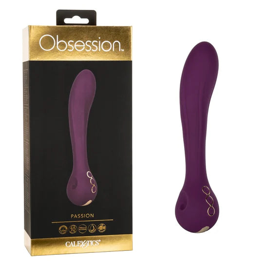 purple g spot vibrator with a bulbous handle and a thicker tip shown next to its display box