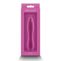 Fuchsia thrusting vibrator in packaging with 'Obsessions' branding on a white background