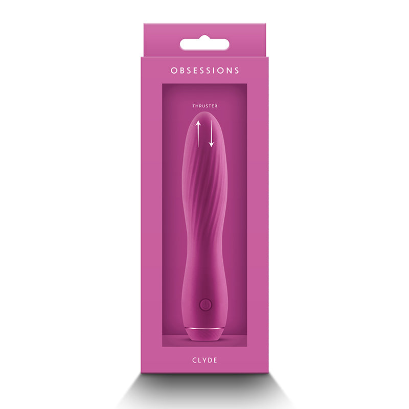 Fuchsia thrusting vibrator in packaging with 'Obsessions' branding on a white background