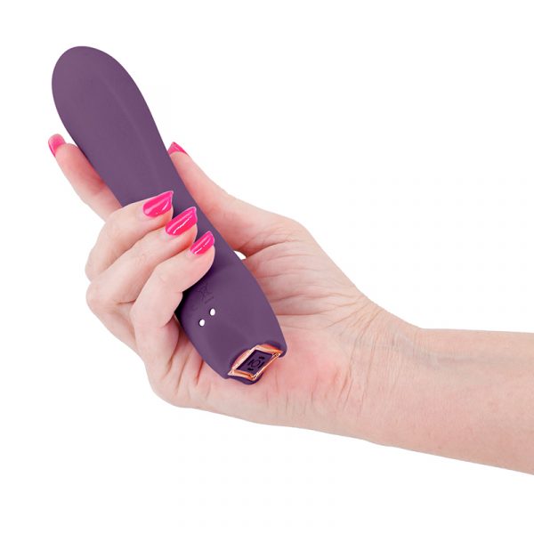 Hand holding a purple romeo vibrator against a white background