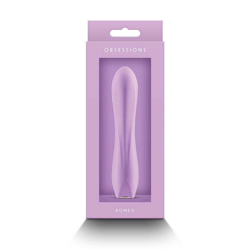 Purple packaging of a romeo vibrator with 'OBSSESSIONS' and 'ROMEO' branding on a white background.
