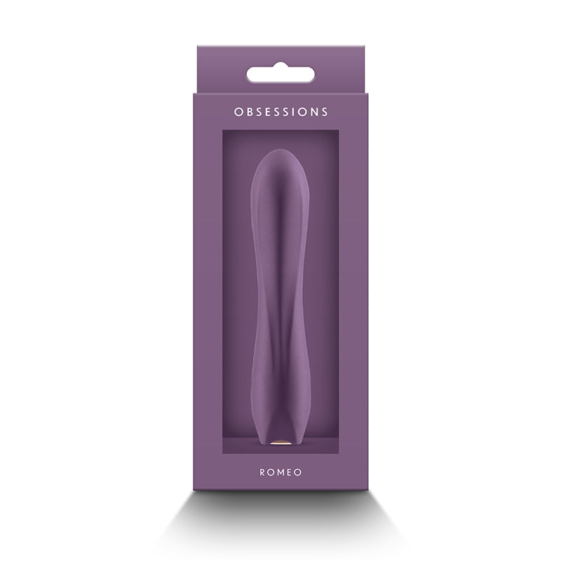 Purple packaging of a vibrator with 'OBSSESSIONS' and 'ROMEO' branding on a white background.