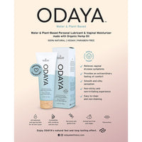 ODAYA water and plant-based personal lubricant packaging on a light pink background with product details.