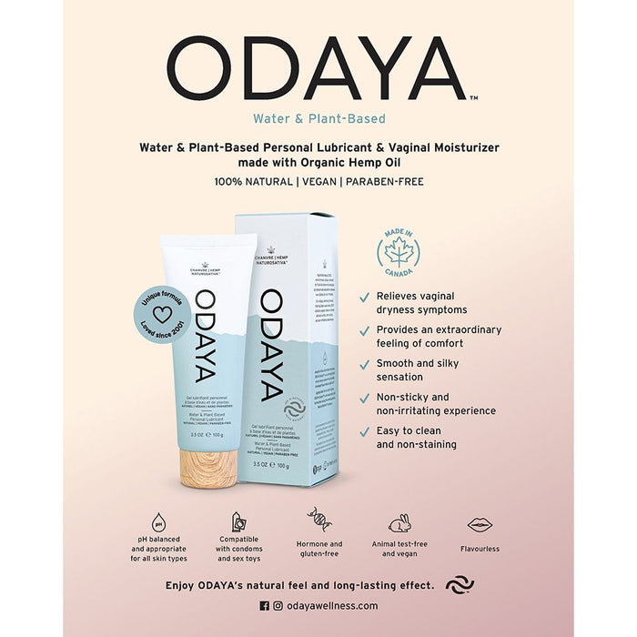 ODAYA water and plant-based personal lubricant packaging on a light pink background with product details.