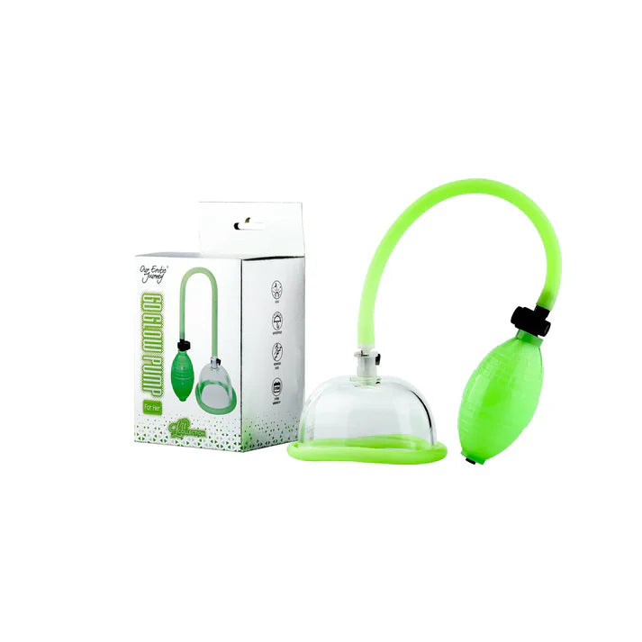 Green and clear pussy pump with packaging on a white background