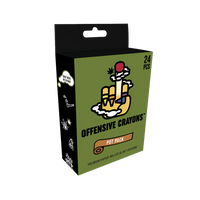 Packaging for 'Offensive Crayons 24pk Pot Edition' featuring a green background, cartoon images, and text indicating the product is a set of 24 blunt crayons.