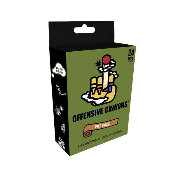 Packaging for 'Offensive Crayons 24pk Pot Edition' featuring a green background, cartoon images, and text indicating the product is a set of 24 blunt crayons.