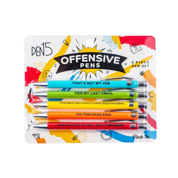 Packaged set of offensive pens with colorful packaging
