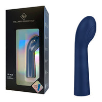 Blue silicone g spot vibrator next to its packaging on a white background