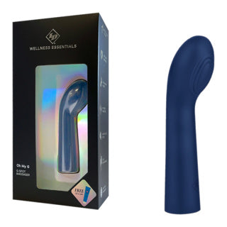 Blue silicone g spot vibrator next to its packaging on a white background