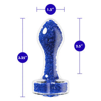 blue glitter heart shaped bottom butt plug size chart, 3.25" heighest height, 2.5" insertable height, 1.5" across top