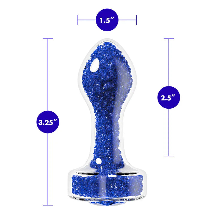 blue glitter heart shaped bottom butt plug size chart, 3.25" heighest height, 2.5" insertable height, 1.5" across top