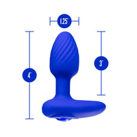 blue vibrating butt plug with rounded head, bottom base, blue gem on bottom height 4" and width 1.25"
