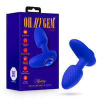 blue vibrating butt plug with rounded head, bottom base, blue gem on bottom, beside box packaging