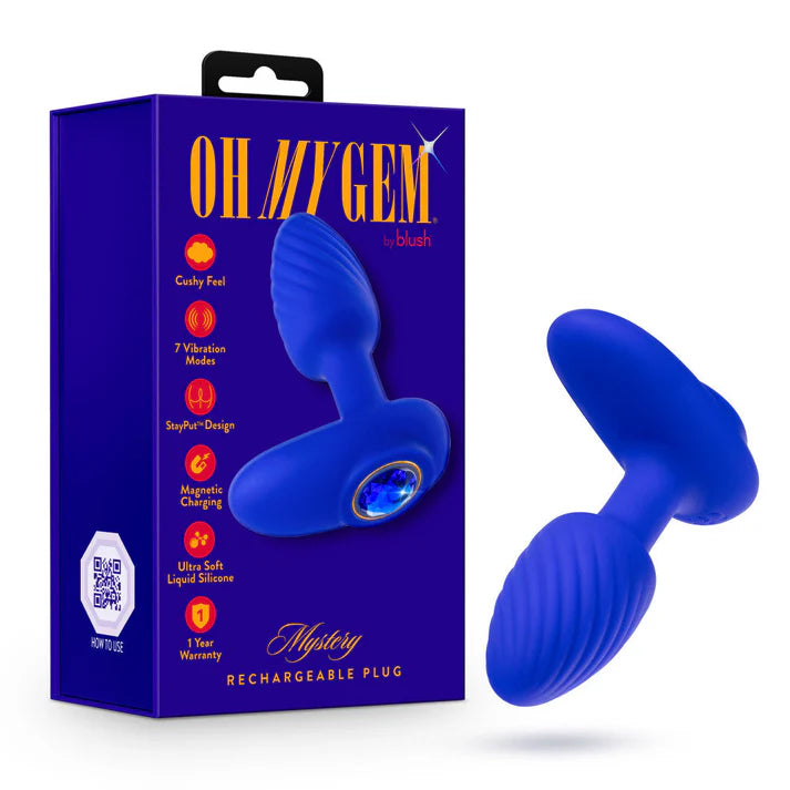 blue vibrating butt plug with rounded head, bottom base, blue gem on bottom, beside box packaging