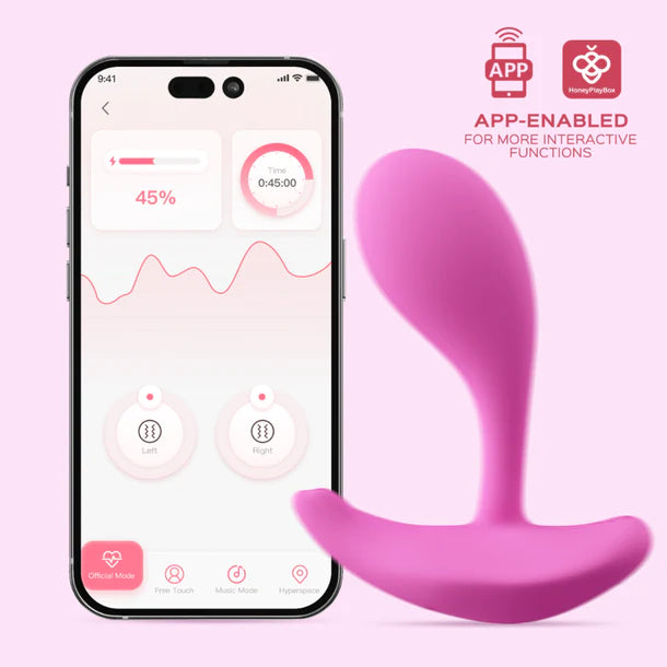 pink curved head vibrator with bottom base for clit stimulation with phone app
