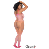 brunette plus size female waring pink and peach Ombré stretch lace bodystocking with a plunging net neckline, fixed elastic straps and matching fishnet stockings attached by fixed elastic garters, back view