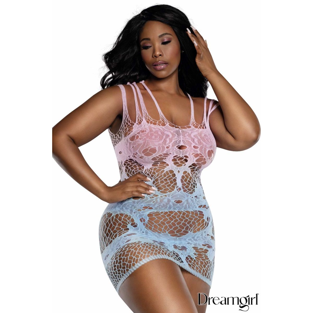 Woman wearing a lace body stocking with 'Dreamgirl' branding on a white background