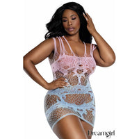 Woman wearing a lace body stocking with 'Dreamgirl' branding on a white background