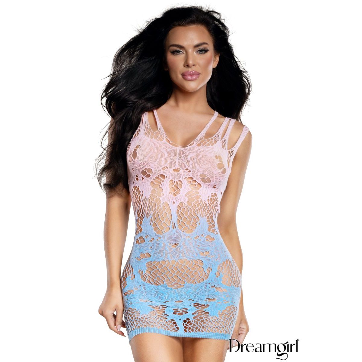 Woman wearing a lace lingerie dress with a gradient design on a white background
