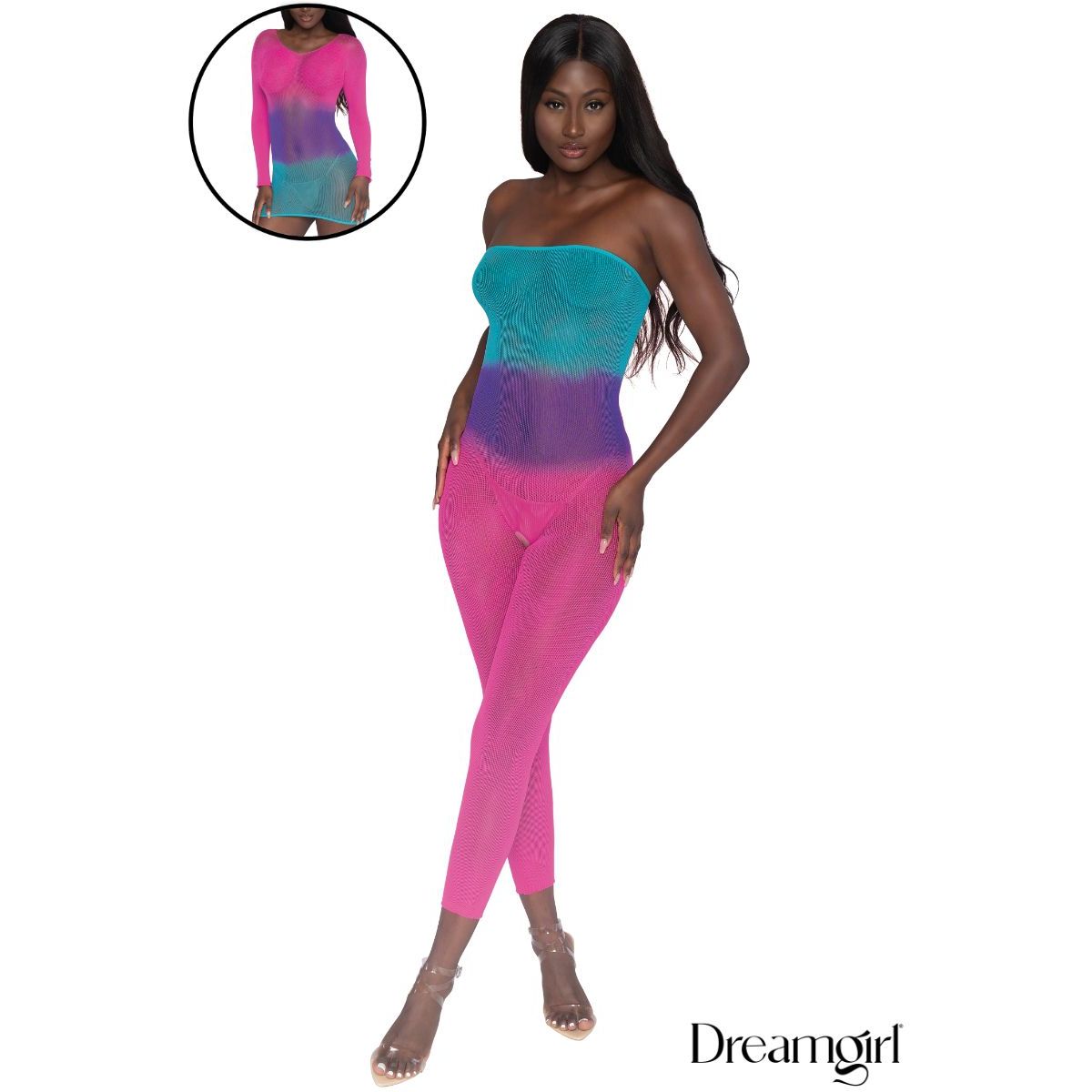 Woman wearing a colorful strapless bodystocking with 'Dreamgirl' branding.