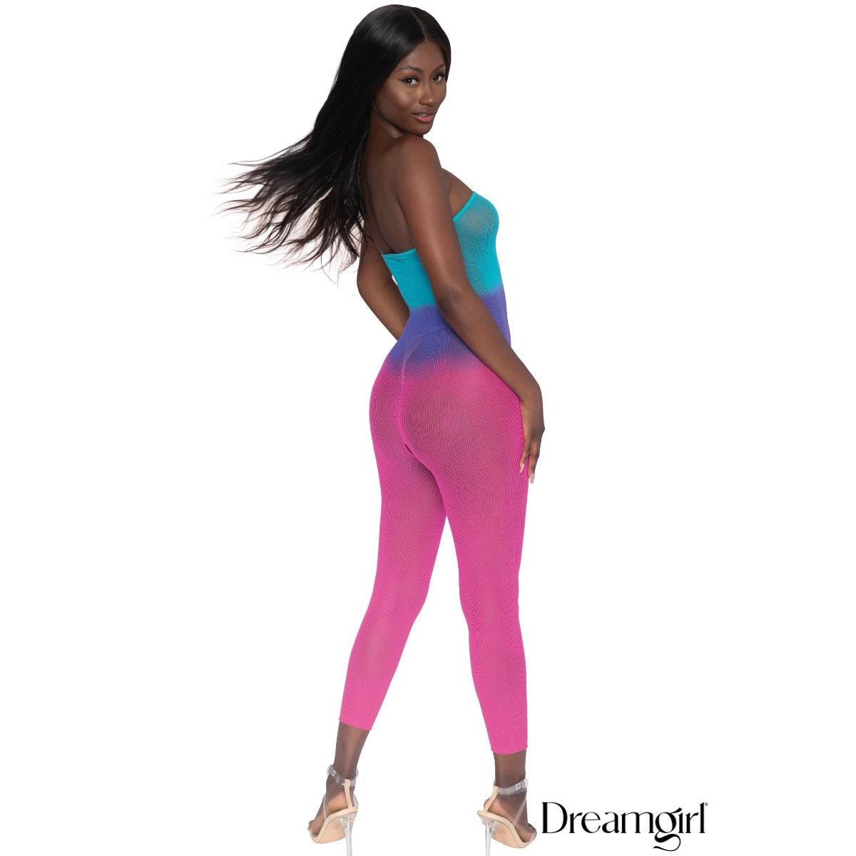 Model wearing a colorful jumpsuit with gradient design on a white background
