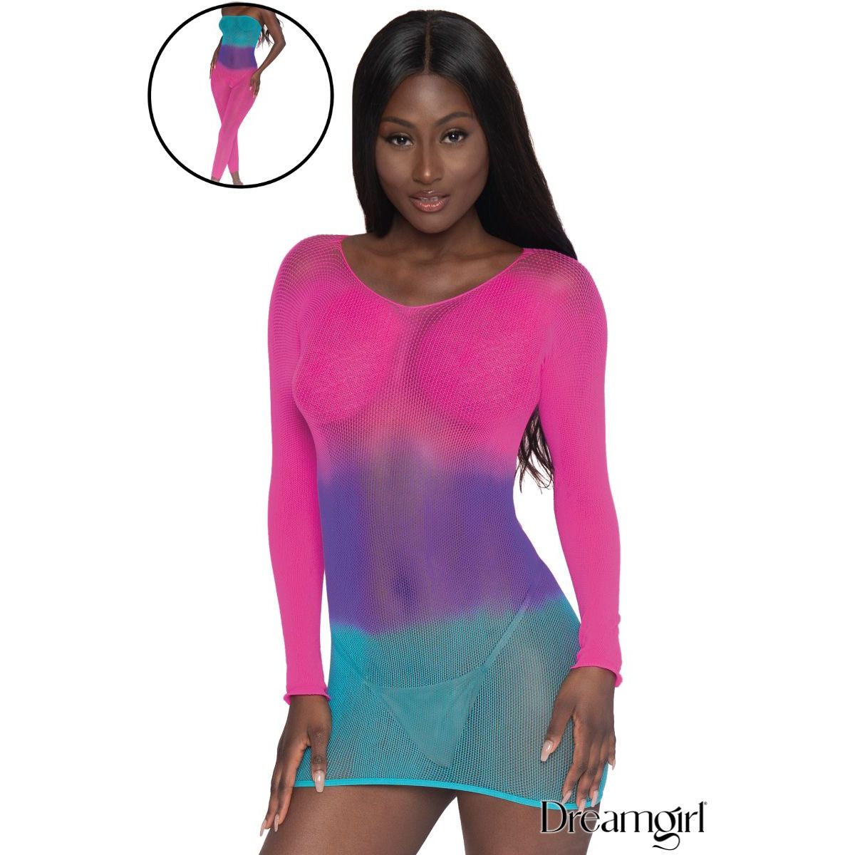 Woman wearing a colorful mesh dress with a close-up inset, brand 'Dreamgirl' visible.
