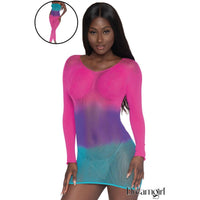 Woman wearing a colorful mesh dress with a close-up inset, brand 'Dreamgirl' visible.
