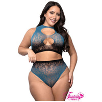 plus size female wearing blue ombre - High neck leopard net top with round cutouts over the bust and a racerback design- High-waist leopard net panty, front view