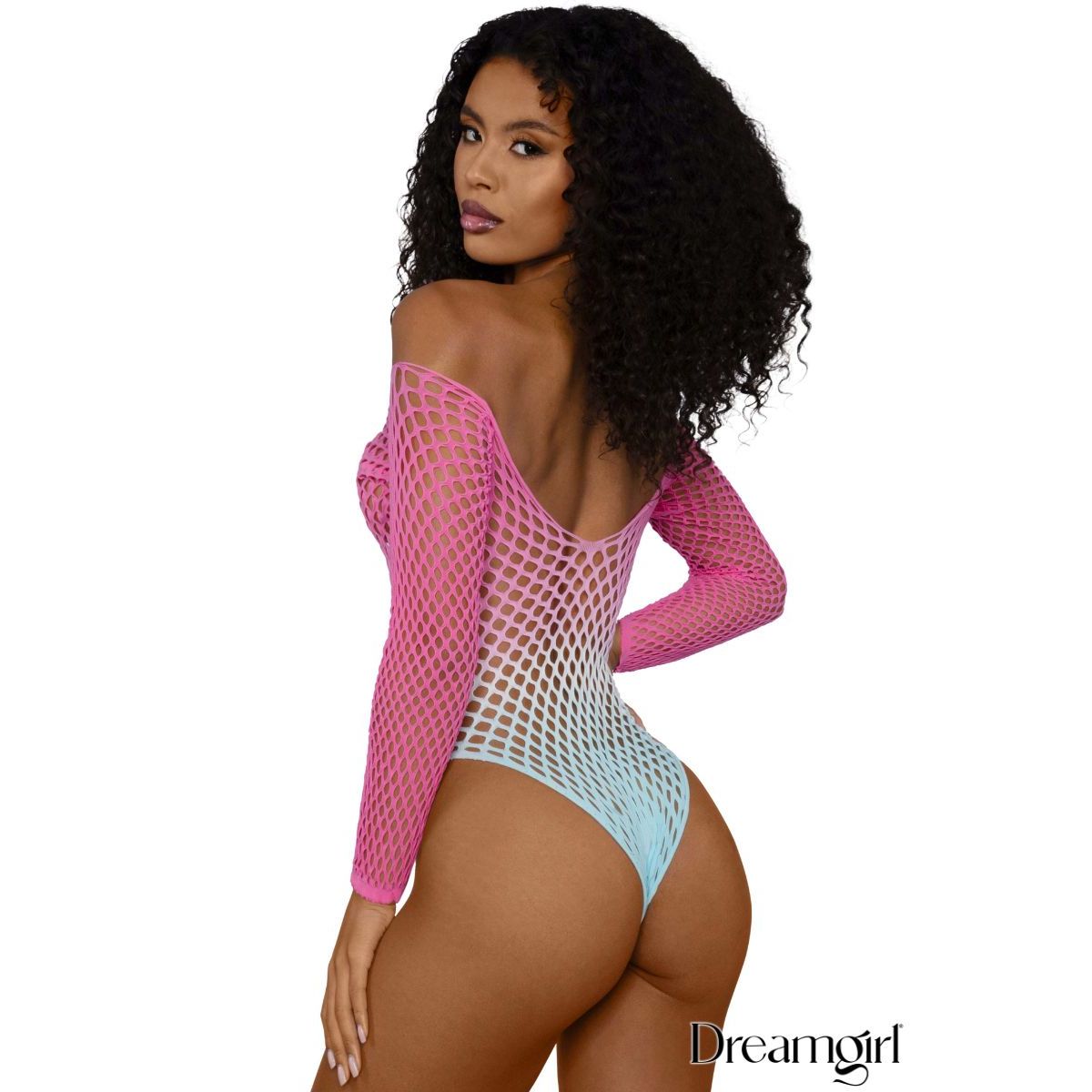 Model wearing a pink and blue fishnet bodysuit with 'Dreamgirl' branding.