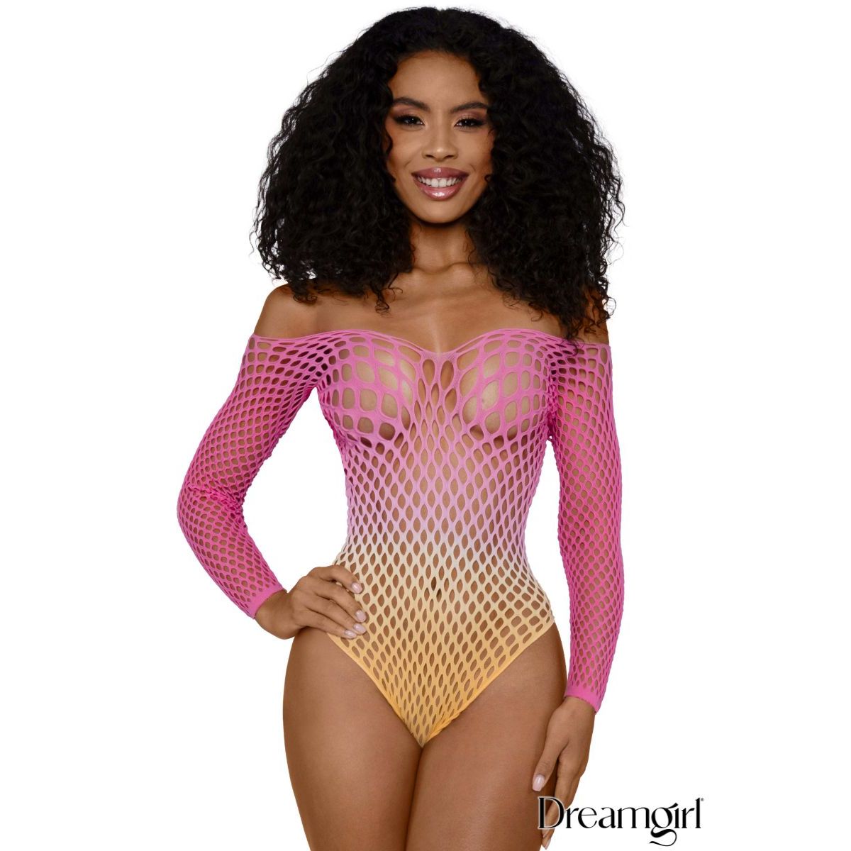 model wearing pink and yellow ombre teddy