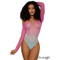 Model wearing a pink to blue gradient fishnet bodysuit with 'Dreamgirl' branding.