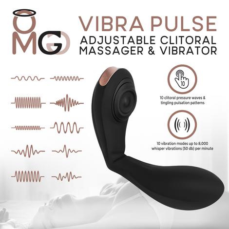 a black L shaped vibrator with a clitoral pulsing circular pad shown next to pictures of the vibration patterns