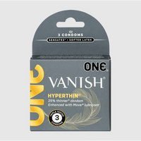 Packaging of ONE Vanish Hyperthin condoms, indicating 3 thin condoms with advanced Sensatex Latex, specially lubricated for pleasure.