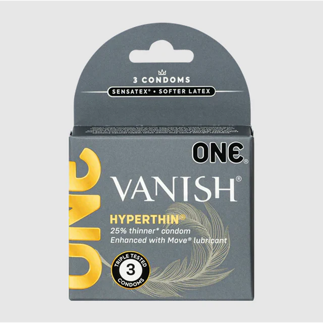 Packaging of ONE Vanish Hyperthin condoms, indicating 3 thin condoms with advanced Sensatex Latex, specially lubricated for pleasure.