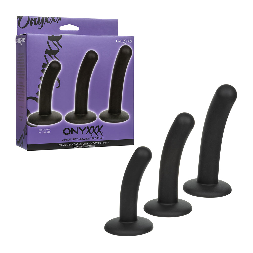 A 3-piece black silicone curved plug set shown with its purple retail packaging box on a plain white background.