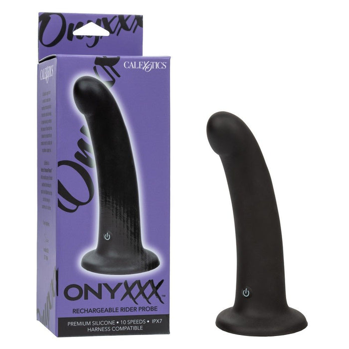 Black ONYXXX rechargeable silicone anal probe with packaging on a white background