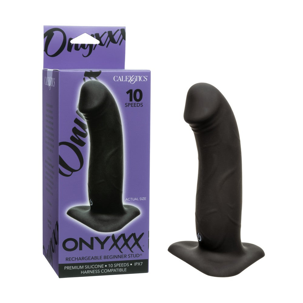 Onyxxx Rechargeable Silicone Studs by CalExotics, shown with its purple retail packaging box and a black silicone adult novelty product on a plain white background.
