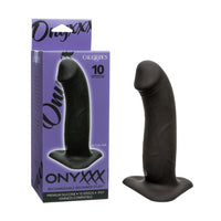 Onyxxx Rechargeable Silicone Studs by CalExotics, shown with its purple retail packaging box and a black silicone adult novelty product on a plain white background.