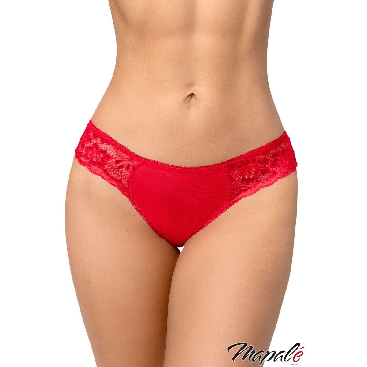 model wearing lace and mesh panty in red